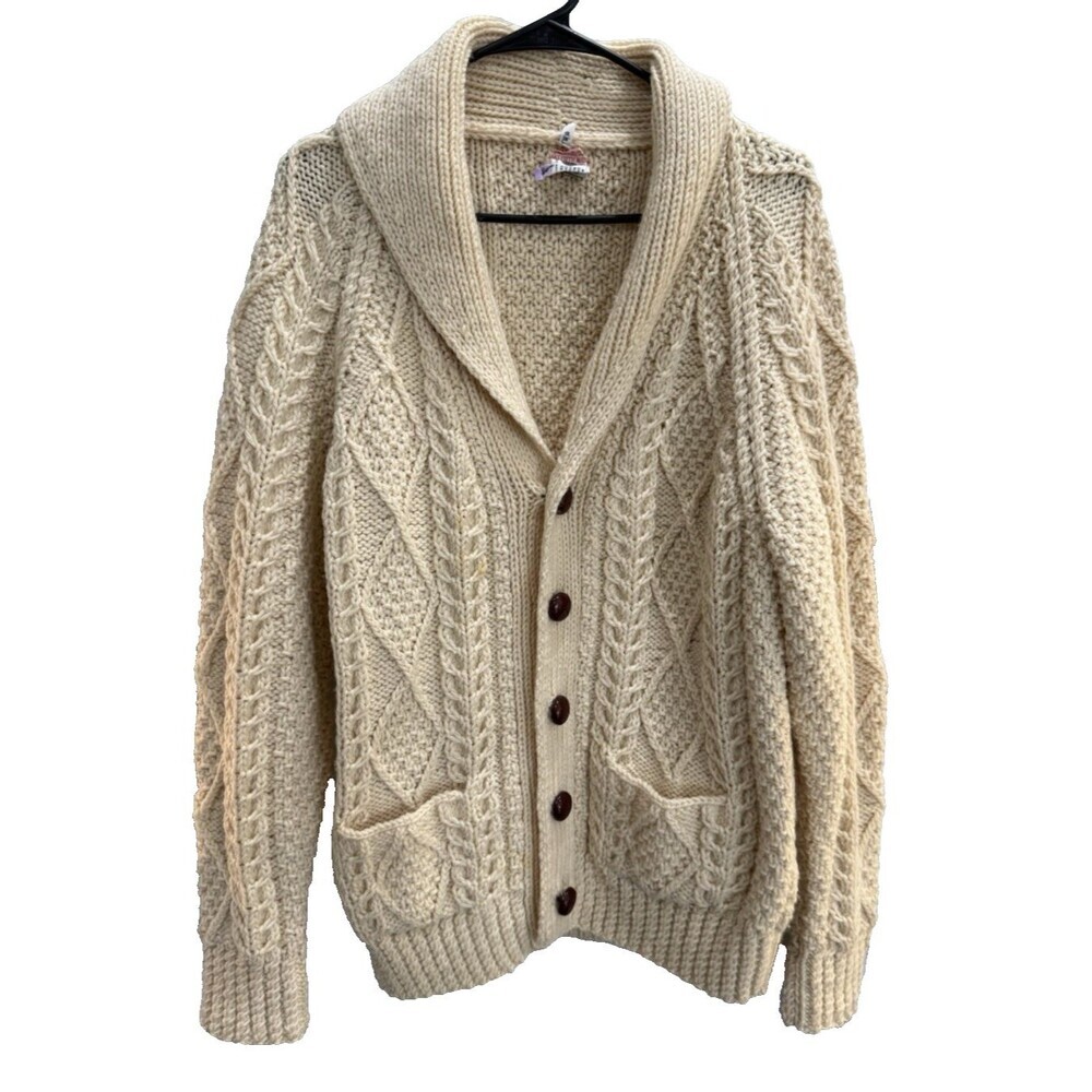 Vintage Saks Fifth Avenue Irish Aran Fisherman Cardigan Handknit Wool Shawl